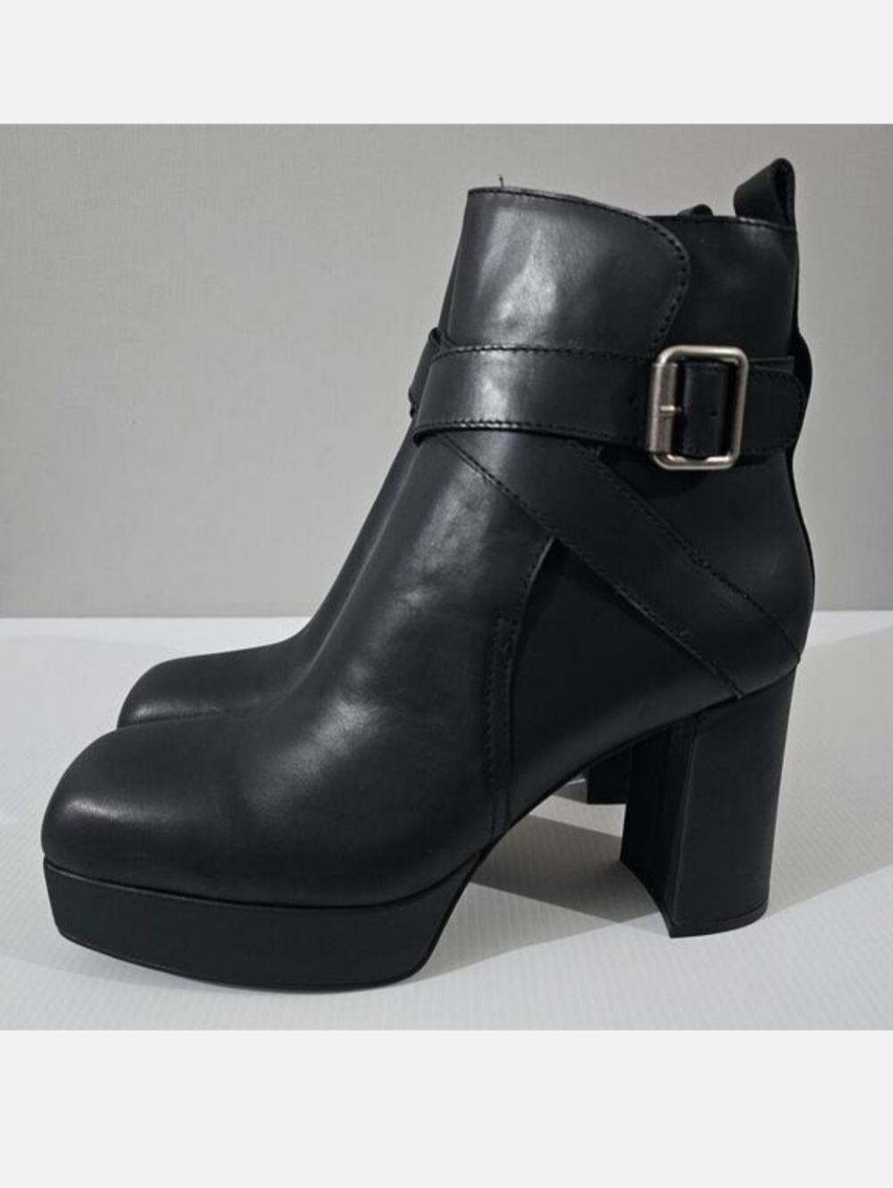 Jeffrey Campbell Black Leather Platform Ankle Boots with Buckle